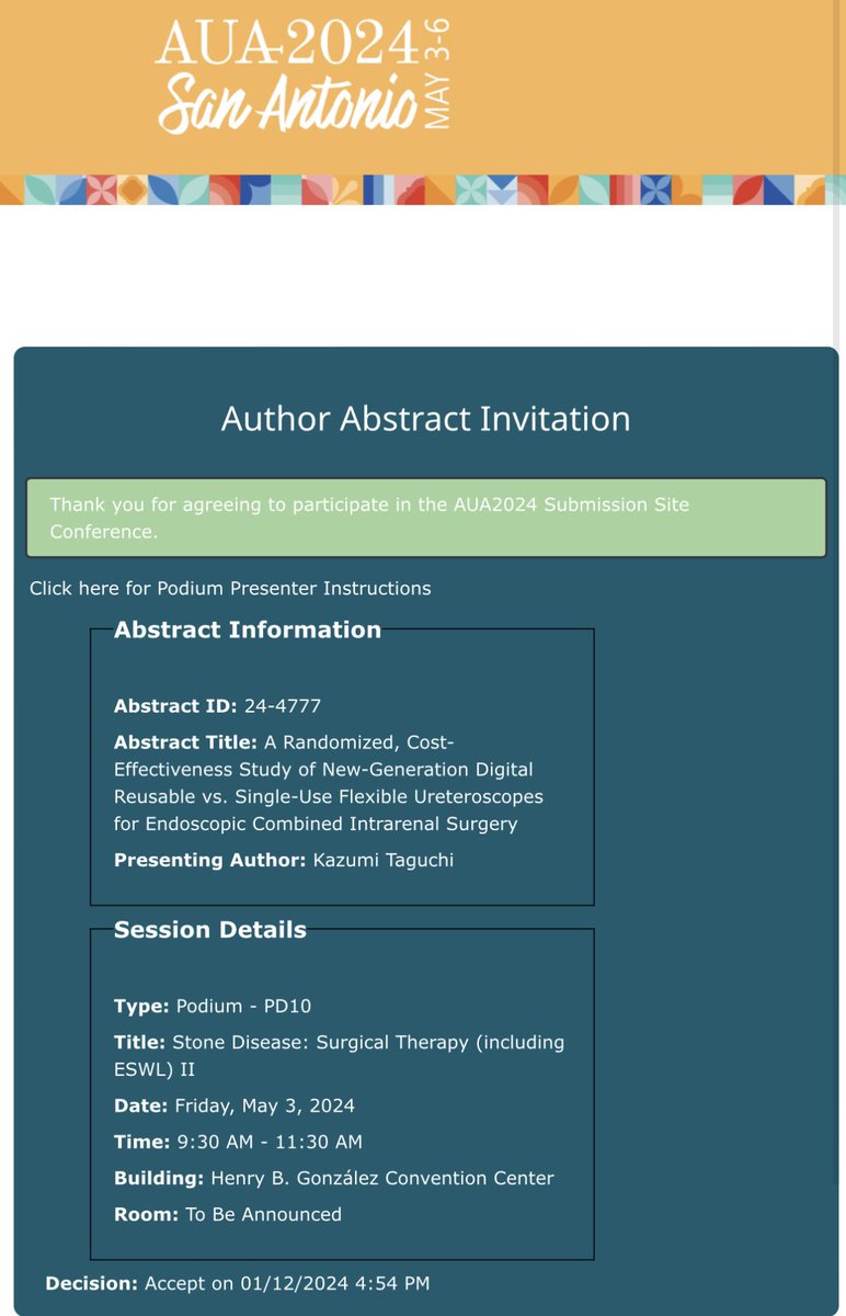 Delighted to announce all of my three abstracts have been accepted for #AUA24! Looking forward to exploring new findings and technologies with friends and colleagues in San Antonio this May:) @AmerUrological #MedTwitter #UroSoMe #endourology