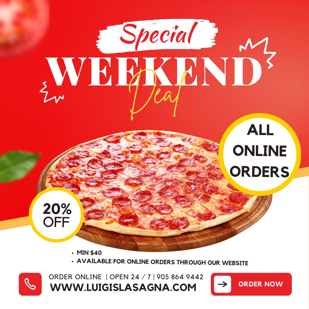 Weekend Special !! Available for a limited time !

Save 20% on ALL online orders through our website with a minimum $40 purchase !

luigislasagna.com to Order Now!

#MiltonOn #Pizza #Delivery #Food #PizzaLovers