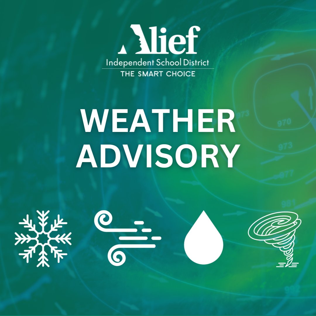 AliefISD's tweet photo. Alief ISD has been monitoring the arctic weather blast expected to land in Houston and surrounding areas early next week. Tune in to your local news channels for more weather-related information, and follow our social media channels and website for all things Alief ISD. https://t.co/aYDqAqnfBl