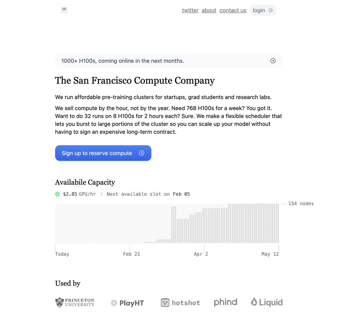 As of today, <a href="/sfcompute/">San Francisco Compute</a> now just shows you the lead times, calendar, and price without ever needing to talk to a salesperson

sfcompute.com