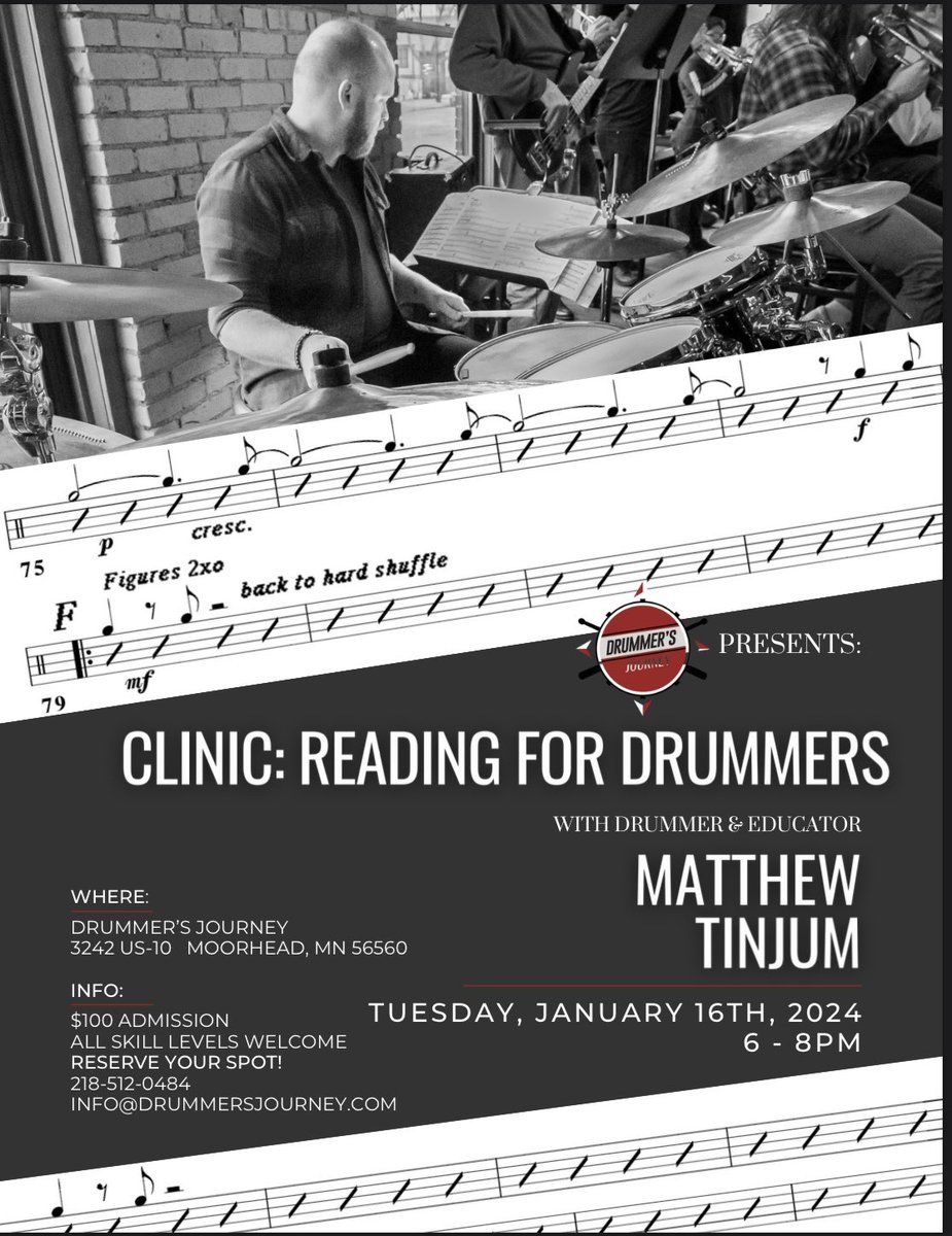 Trying to get a head count by this week! Call Drummer's Journey and reserve your spot! 

#drumlessons #drumclinic #drummer #workingdrummer #charts #sheetmusic #reading #sightreading #drumteacher #musiceducation #educator  #clinic #presentation #DrummersJourney #JoinTheJourney