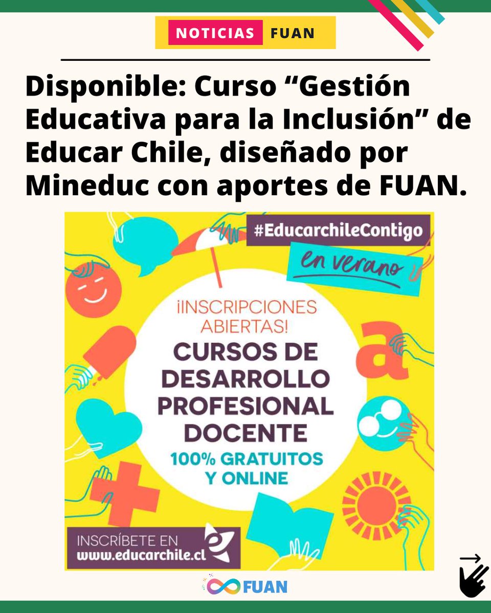 FuanFundacion's tweet photo. Disponible: Curso “Gestión Educativa para la Inclusión” de Educar Chile, diseñado por @Mineduc con aportes de FUAN ➡️ https://t.co/Rl5M9mNnIQ pone a disposición cuatro cursos online abiertos y gratuitos para profesionales de la educación. Del 16 de enero al 29 de febrero. https://t.co/OCye559ezt