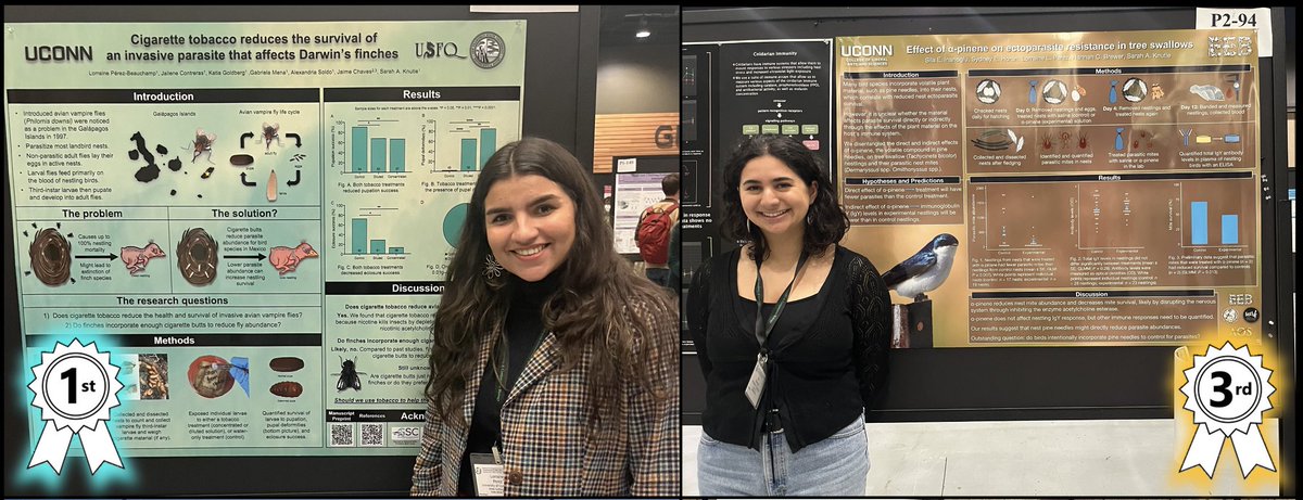 Sarah Knutie (@sarahknutie) on Twitter photo I am SO proud of my two senior undergrads who placed 1st & tied for 3rd in the <a href="/SICB/">Simon_Codet-Boisse</a> <a href="/SICB_DEDE/">SICB Division of Ecoimmunology and Disease Ecology</a> best poster competition.
Both exceptional scientists & communicators! I am so lucky to work with them!💚
Lorraine Pérez-Beauchamp (left) & Sila Inanoglu (right)
<a href="/uconneeb/">UConn EEB Department</a> <a href="/UConnOUR/">UConn Undergrad Research</a> I am SO proud of my two senior undergrads who placed 1st & tied for 3rd in the <a href="/SICB/">Simon_Codet-Boisse</a> <a href="/SICB_DEDE/">SICB Division of Ecoimmunology and Disease Ecology</a> best poster competition.
Both exceptional scientists & communicators! I am so lucky to work with them!💚
Lorraine Pérez-Beauchamp (left) & Sila Inanoglu (right)
<a href="/uconneeb/">UConn EEB Department</a> <a href="/UConnOUR/">UConn Undergrad Research</a>