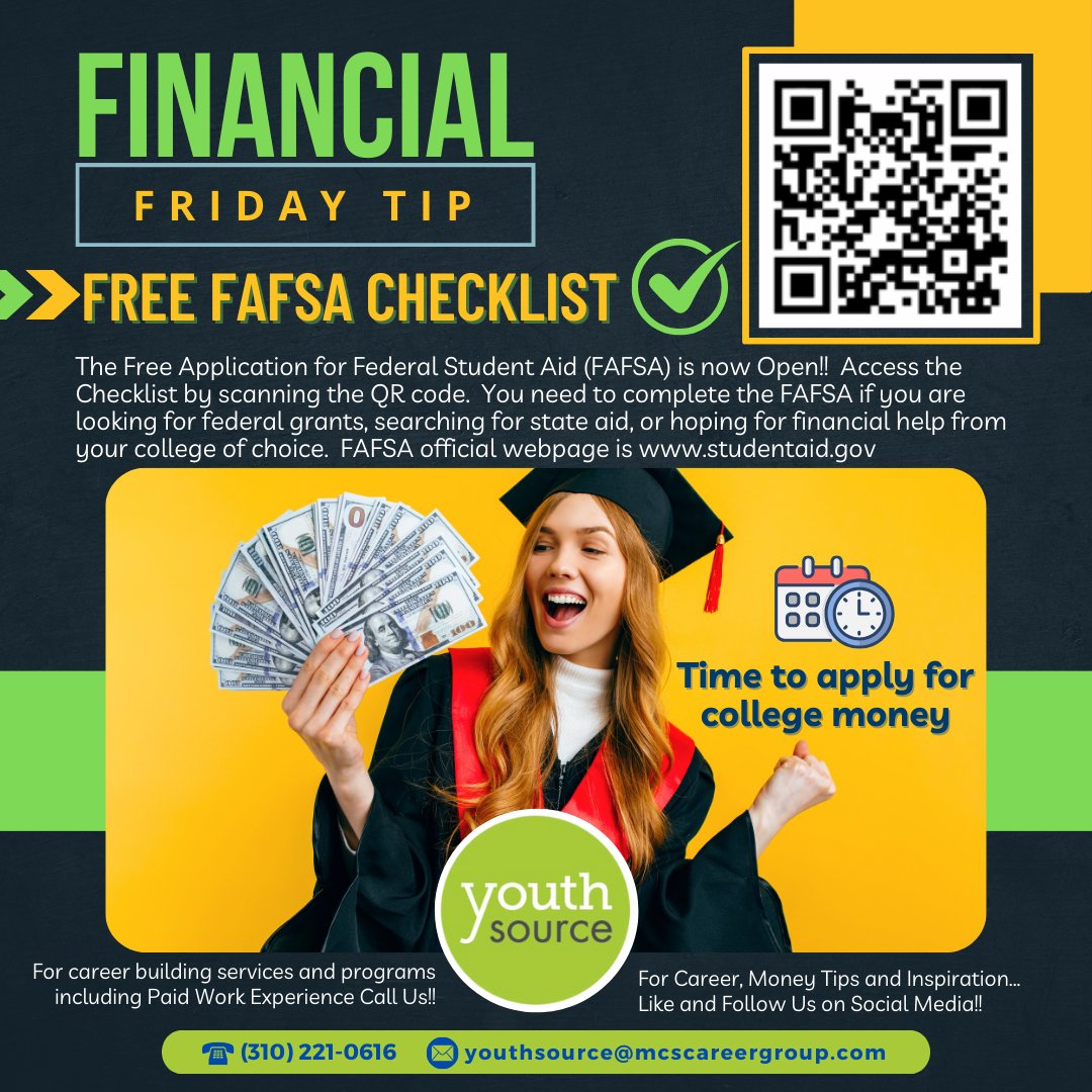 YouthSource1's tweet photo. Do you want free money for college? Access to grants, scholarships, financial aid, education loans and more? If so use the checklist to get ready and complete your FAFSA.

#scholarships #fafsa #financialaid #federalgrants #college #freemoneyfriday https://t.co/V5uAsnLCxm