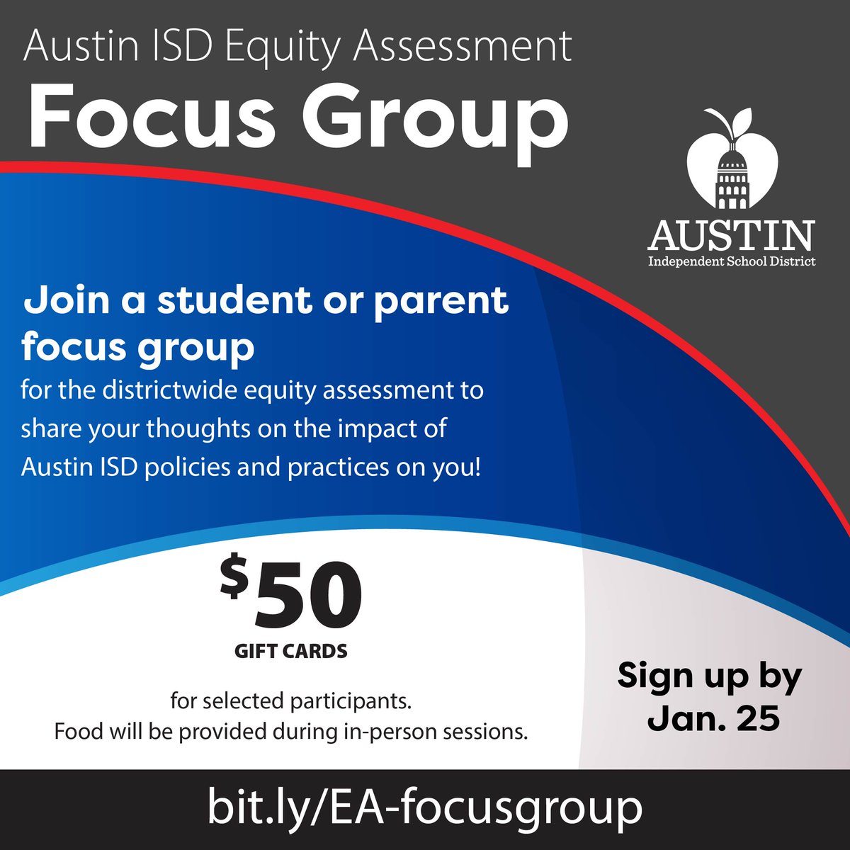 📢 Calling all Austin ISD students and parents!

Join a focus group to share your thoughts on the districtwide equity assessment. Selected participants get a $50 gift card! 🎁

Complete the form via this link: bit.ly/EA-focusgroup
or QR code below.

Make your voice heard!