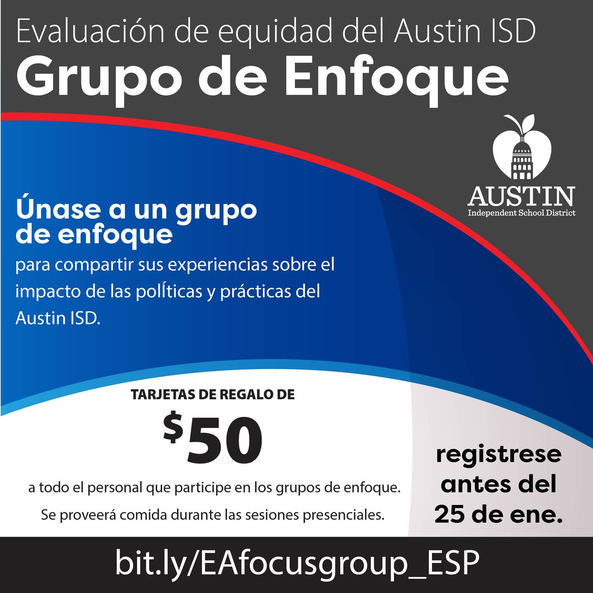 Únete a un grupo de enfoque para compartir tus opiniones sobre la evaluación de equidad en todo el distrito. ¡Los participantes seleccionados recibirán una tarjeta de regalo de $50! 🎁

Complete el formulario a través de este enlace: bit.ly/EA-focusgroup