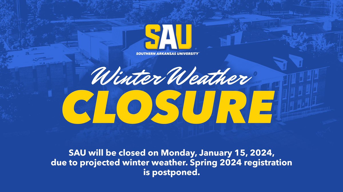 Out of an abundance of caution for predicted winter weather, SAU will be closed on Monday, January 15, 2024. 

Please stay tuned for updates regarding campus operations and spring 2024 registration for Tuesday.