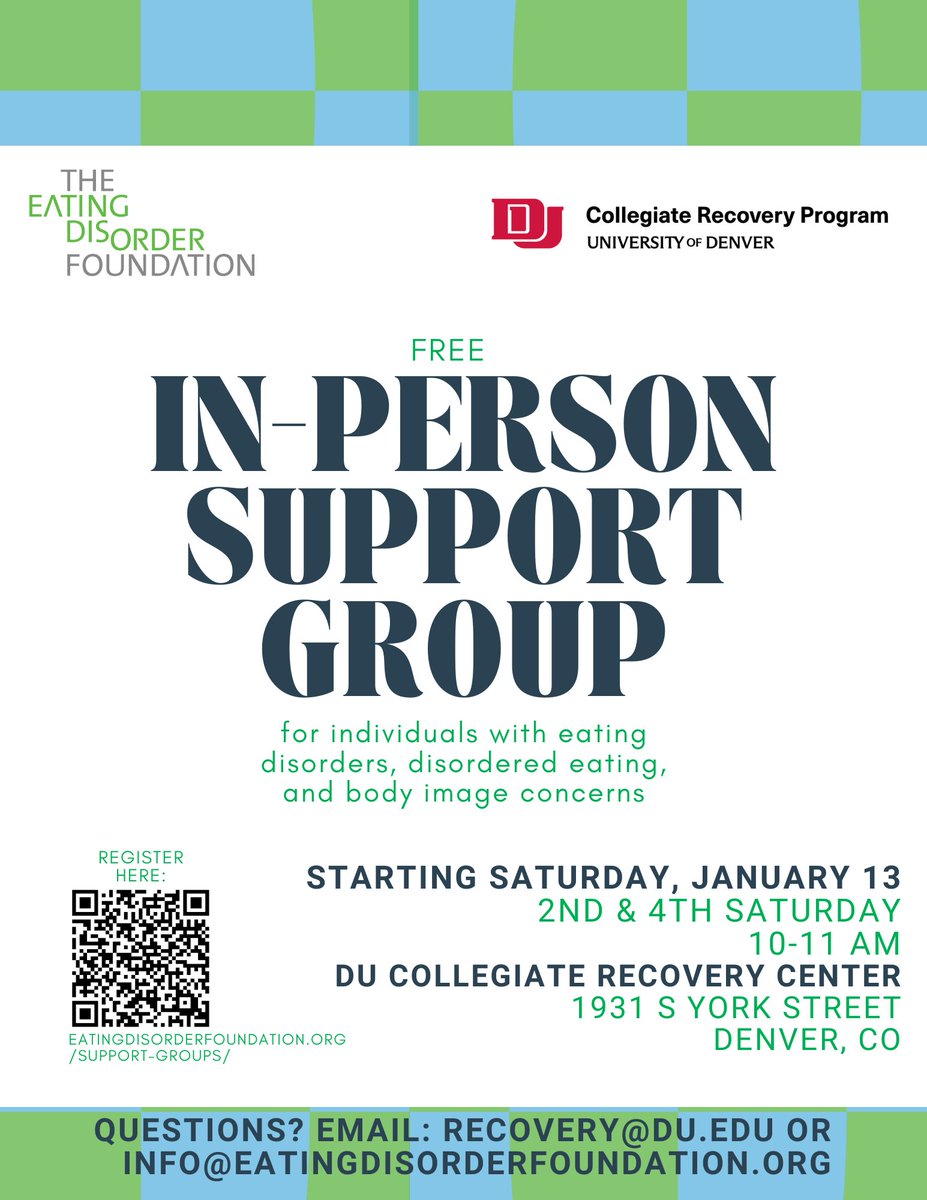 Our newest group starts at University of Denver tomorrow! This free group for people 18 or older takes place on the second and fourth Saturday of every month at 10AM. You don't need to be a DU student to participate! Learn more and register at eatingdisorderfoundation.org/support-groups/