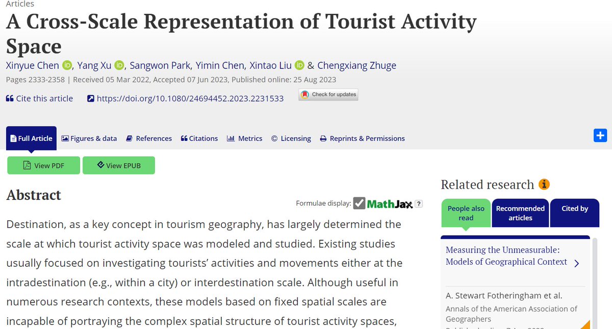 🌏 How do tourists explore different places? 🌏 Chen et al propose a new way to represent tourist activity space based on their accommodation locations and mobile phone data. 📱 Find out four types of tourists and their spatiotemporal patterns. 🗺️ bit.ly/41Z4sE1