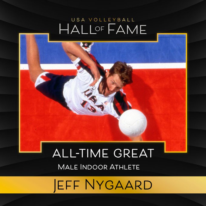 Graphic with men's volleyball player Jeff Nygaard serving the ball
