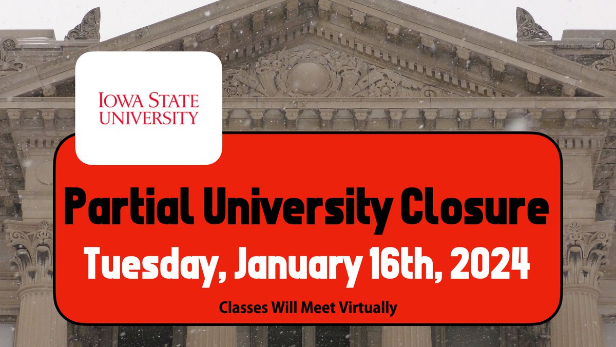 IowaStateWX's tweet photo. BREAKING: Iowa State University has announced it will extend the partial closure of campus to Tuesday, January 16th, due to extreme cold.

The first day of the second semester will begin with virtual classes. https://t.co/5wNpG6MKTT