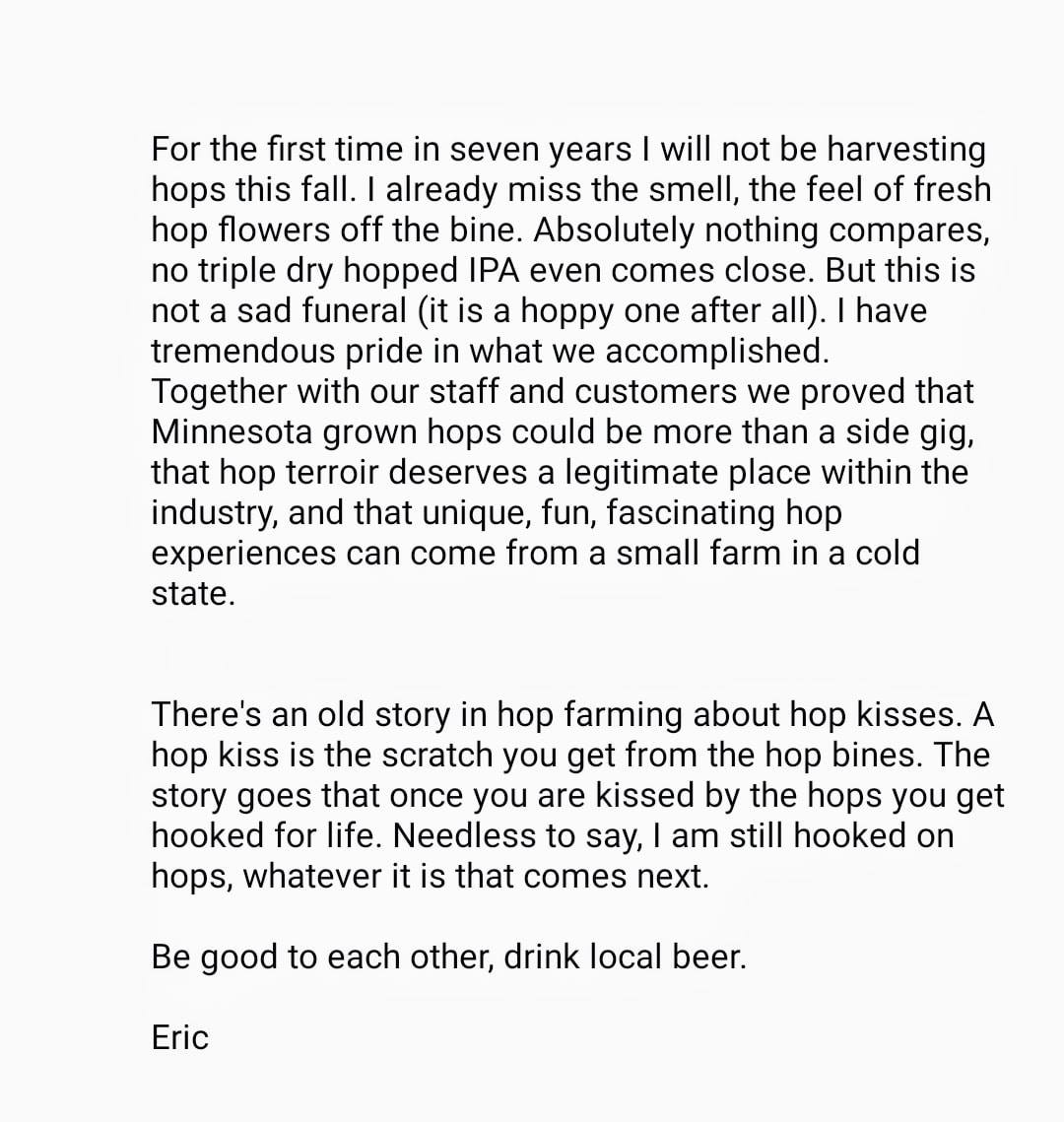 A letter from Eric about the future of Mighty Axe Hops.