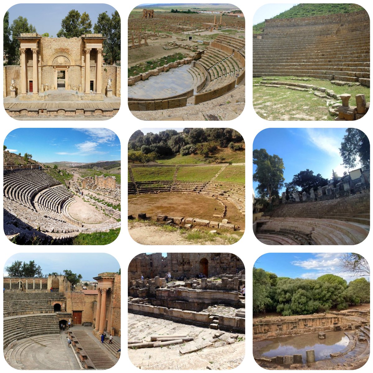 maelassal's tweet photo. Théâtres antiques d'#Algérie 🇩🇿 :
 
#Guelma (Calama) 
#Timgad (Thamugadi)
#Annaba (Hippone)
#Tipaza (Tipasa)
#Djemila (Cuicul),
#MDaourouch (Madauros, Madaure)
#Skikda (Rusicada) 
#Khemissa (Thubursicu Numidarum) 

#الجزائر https://t.co/jzQvsZz5q3