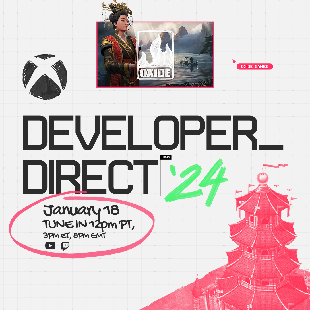 The Xbox logo sits above text that reads: "Developer_Direct '24", then "January 18. Tune In 12pm PT. 3pm ET, 8pm GMT" The YouTube and Twitch logos are shown under the timing information. Surrounding the text are cursors and game key art labeled Oxide Games and an artistic rendition of a pagoda-style building. 