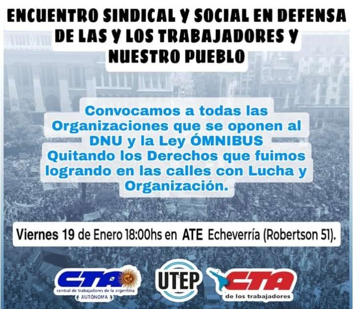 ENCUENTRO SINDICAL Y SOCIAL EN DEFENSA DE LOS/AS TRABAJADORES Y NUESTRO PUEBLO

Convocamos desde <a href="/ateprensa/">Prensa ATE Nacional</a> <a href="/UTEPoficial/">UTEP</a> <a href="/CTAAutonoma/">CTA Autónoma</a> <a href="/CTAok/">CTA-T</a> en #EstebanEcheverría nos encontramos en <a href="/AteEzeizaee/">ATE- Ezeiza-EE-SV</a> el viernes 19/01 - 18hs