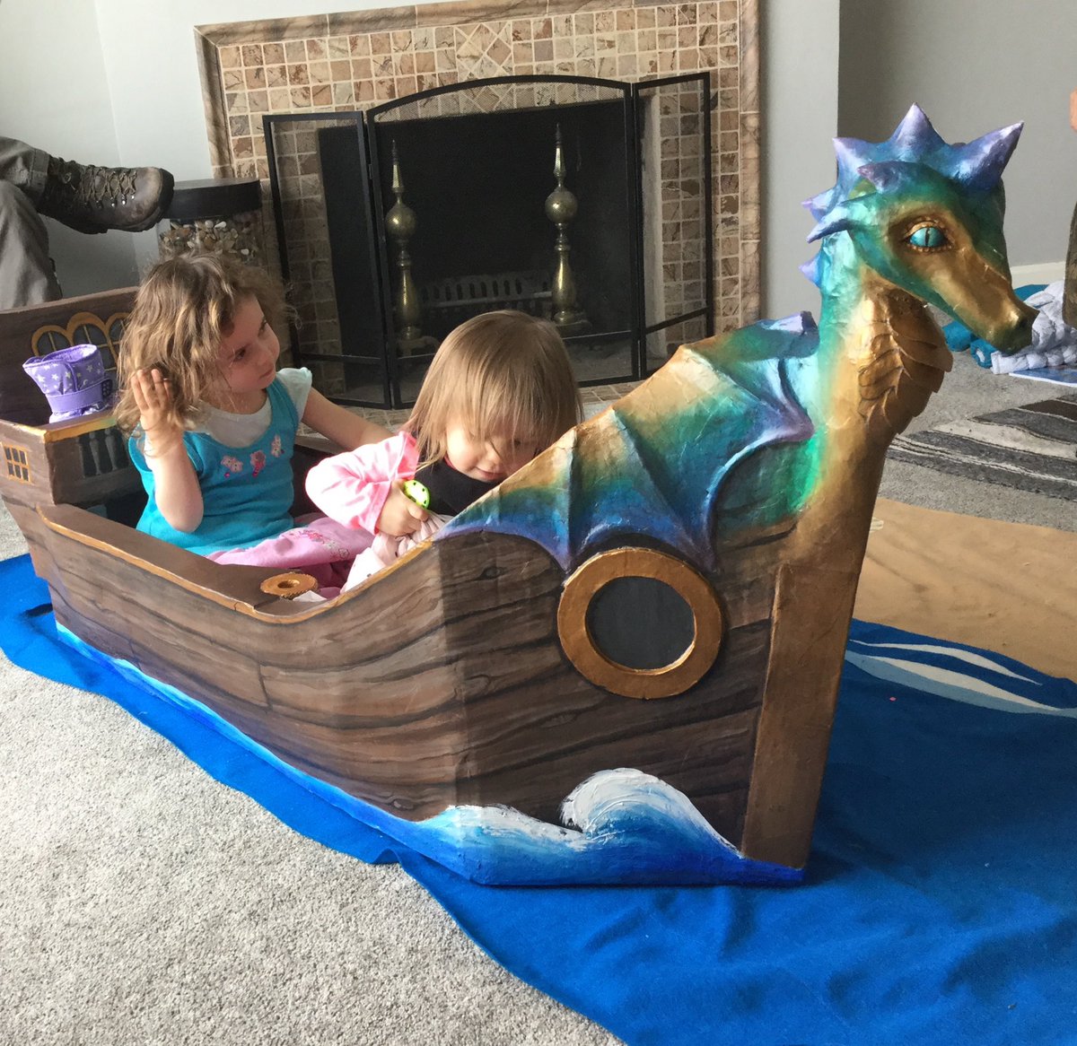 Grandparents…..what is the most ridiculous thing you have ever done for your grandkids? I have done way too many things, but But one is this cardboard paper mache pirate boat I made out of Amazon boxes.