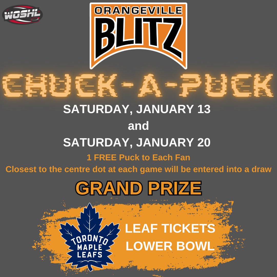🥅CHUCK-A-PUCK CONTEST🥅

Rules:
- 1 #FREE puck to each fan at our last two home games (Saturday, January 13 and Saturday, January 20)
- Closest to the centre dot at each game will be entered into a draw to take place on January 21

Prize:
Toronto Maple Leaf tickets (lower bowl)