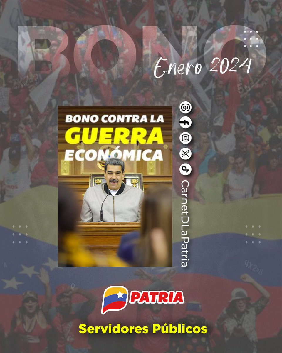 Inicia el pago del #BonoContraLaGuerraEconómica Enero 2024, aprobado por el presidente <a href="/NicolasMaduro/">Nicolás Maduro</a>.
Este beneficio va dirigido a trabajadores y funcionari@s públicos, como parte del esfuerzo para proteger el bienestar social del pueblo.

#VenezuelaHumanaYPatriota #12Ene