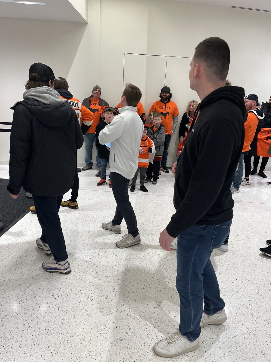 FlyersNation's tweet photo. Boston College security temporarily prevented these paying fans from entering the game tonight because they were wearing #Flyers gear. 

They were eventually let in. Boston College is playing Providence right now at the Conte Forum in Chesnut Hill, MA. 

Was sent this info from a BC student who didn’t want to be identified 👀