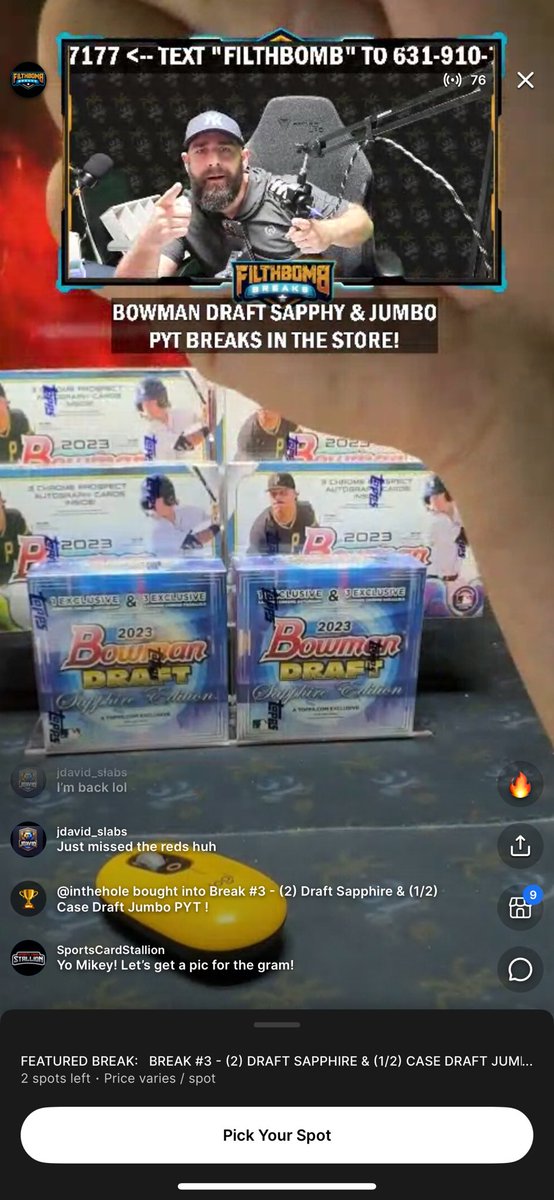 filthbombbreaks's tweet photo. @filthbomb_mike is breaking 💎SAPPHIRE💎 and if you get a 1 and 1 this weekend YOU and someone in the chat get $500 each courtesy of @FanaticsLive 🫶🏼

👇🏼Watch Here👇🏼
https://t.co/Jll70X8tUG

#baseballcards #bowmansapphire #sportscards https://t.co/PiijI31QNY