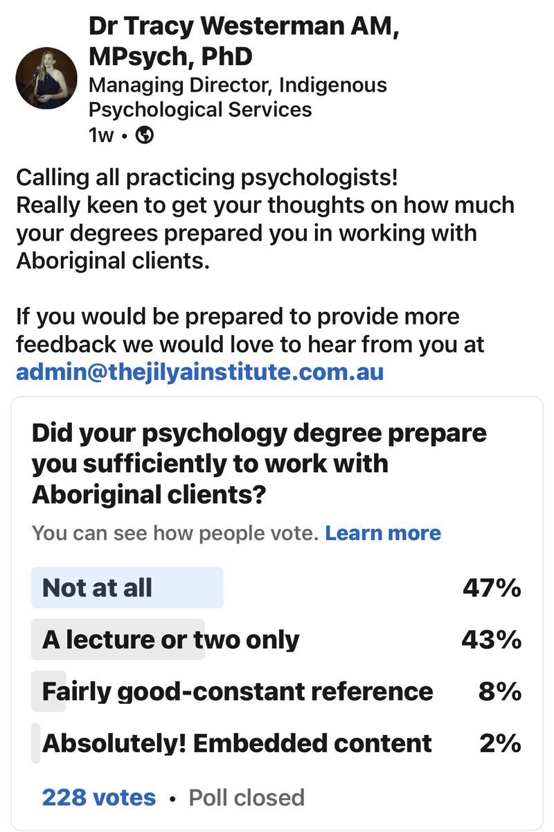 A damning response by 228 practicing psychologists. 90% indicating their psych degrees had either ZERO Indigenous content or just a lecture or two. How long can Aust Psychology continue to ignore the needs of our most vulnerable clients & the training needs of psychologists?