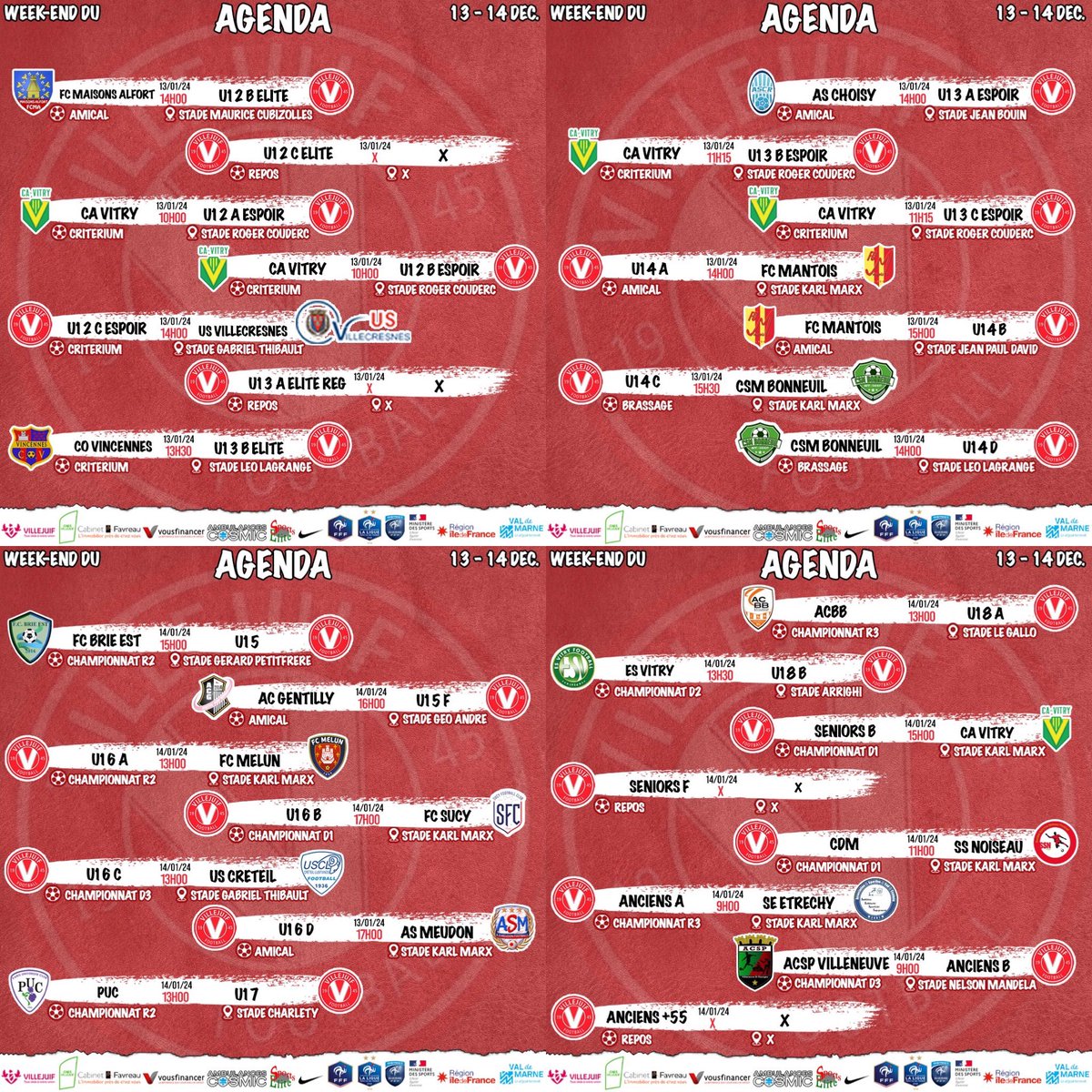 📆 𝗔𝗚𝗘𝗡𝗗𝗔

🔥 Voici le programme des matchs du week-end !!!

📲 Suivez-nous également sur nos autres réseaux sociaux :

𝗙𝗮𝗰𝗲𝗯𝗼𝗼𝗸 facebook.com/USVillejuifFoo…

𝗜𝗻𝘀𝘁𝗮𝗴𝗿𝗮𝗺 instagram.com/usvillejuiffoo…

𝗦𝗻𝗮𝗽𝗰𝗵𝗮𝘁 snapchat.com/add/usvillejui…