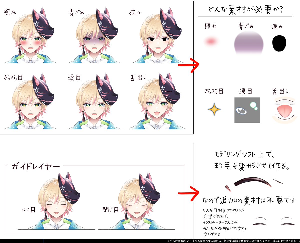 kawase1234567's tweet image. さくらくんの表情差分について。
「照れ・青ざめ・病み・きらきら・涙・舌出し」 は、
素材を使って作ります。
「にこ目・閉じ目」 は、
素材不要でモデリングソフト上で作ります。
(墨染さくら #sumizome327)
#LIVE2D依頼 #live2dtutorial