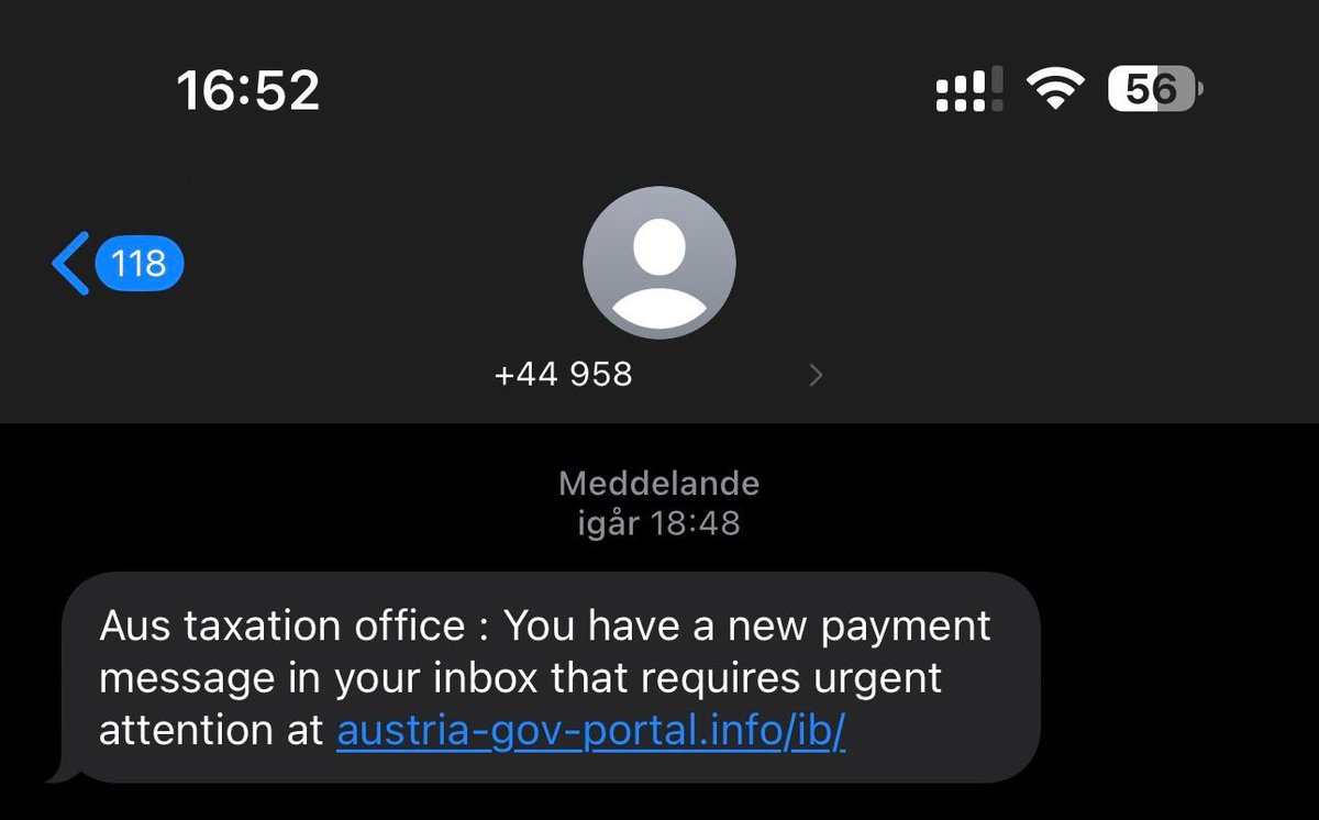 space colon space.  austria dash gov dash portal dot info. 

A real world of multiculturalism in this scam text. Comes from a UK number… says it’s the “Aus taxation office space colon space” but has the word Austria in the URL. Come on scammers, you’re getting sloppy.