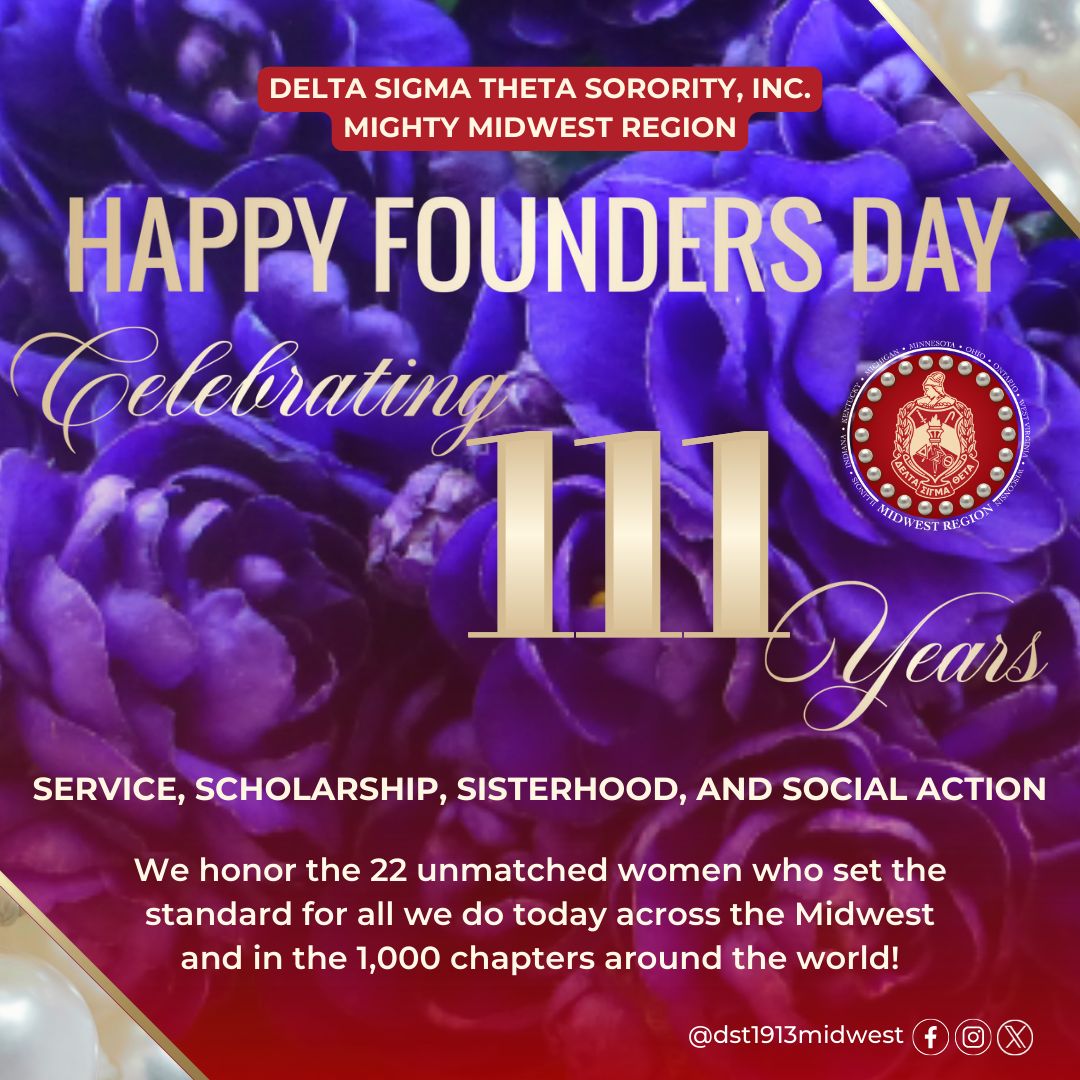 The Mighty Midwest Region celebrates 111 years of service, scholarship, sisterhood, and social action!  

Happy Founders Day Sorors!

#DST1913Midwest
#DST111