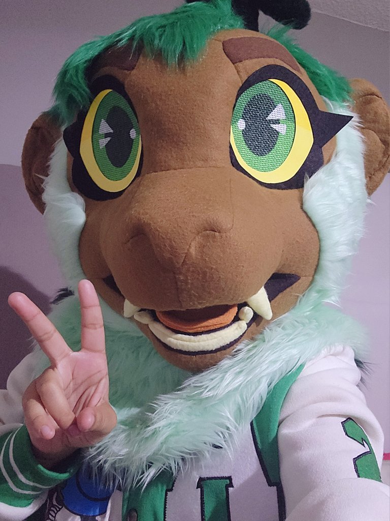 My first #FursuitFriday of the year! Found this green varsity jacket and I think it goes perfectly with my hair, don't you think? 💚🐵