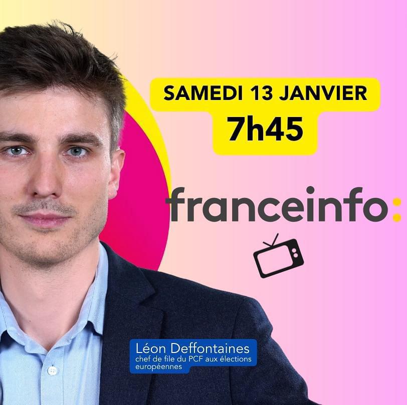 📺 [Passage Média @PCF]

Interview de @L_Deffontaines ce samedi 1️⃣3️⃣ janvier, à 07h45, sur @franceinfo pour parler des élections #Européennes2024

Reprenons la main sur l'#Europe ➡️ deffontaines2024.fr

#PCF #Deffontaines2024 #linvitépolitique #franceinfo #reprenonslamain