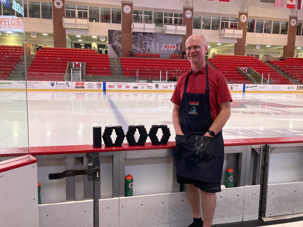 Got to celebrate <a href="/MiamiOH_Hockey/">Miami Hockey</a> eq manager Gesh on his 1,000 games tonight, so of course I had to make a puck stack to celebrate!