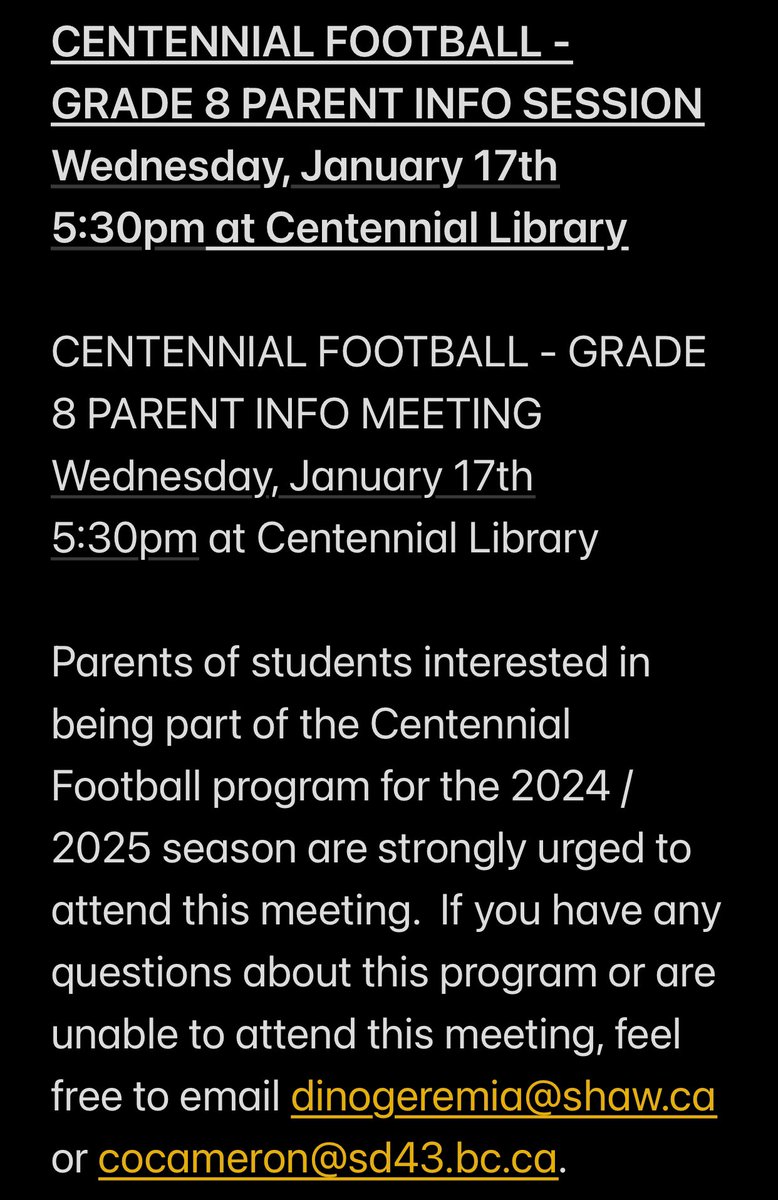 Centaurathletic's tweet photo. The @Centennial43 Football team would like to invite parents of current grade 8 students to an info session on Wed. Jan.17th at 5:30 in the Centennial Library!  For more information, please visit: https://t.co/LVph614FOQ @sd43bc @coquitlam @TriCityNews https://t.co/GSYjT4YjjR