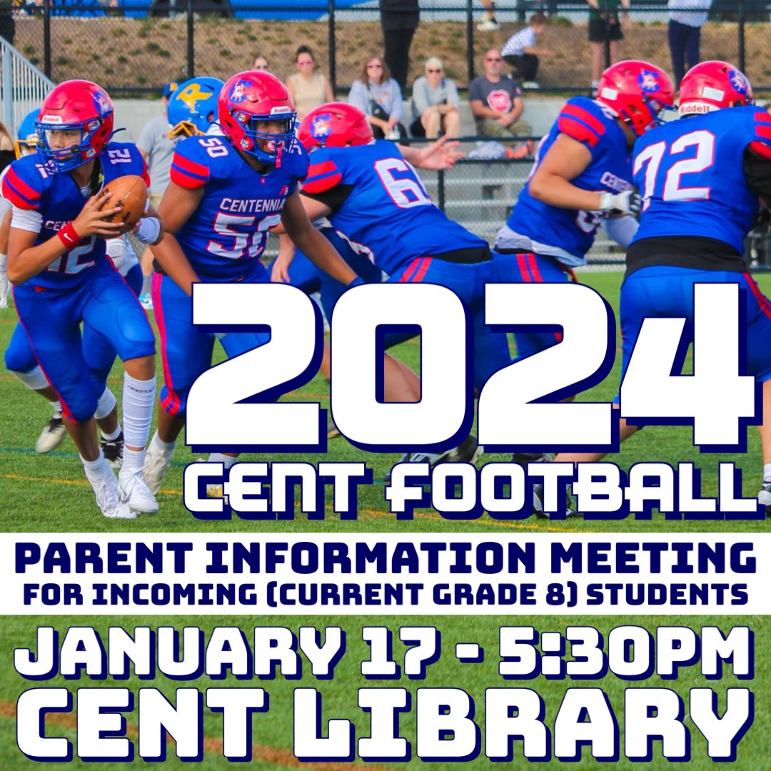 Centaurathletic's tweet photo. The @Centennial43 Football team would like to invite parents of current grade 8 students to an info session on Wed. Jan.17th at 5:30 in the Centennial Library!  For more information, please visit: https://t.co/LVph614FOQ @sd43bc @coquitlam @TriCityNews https://t.co/GSYjT4YjjR