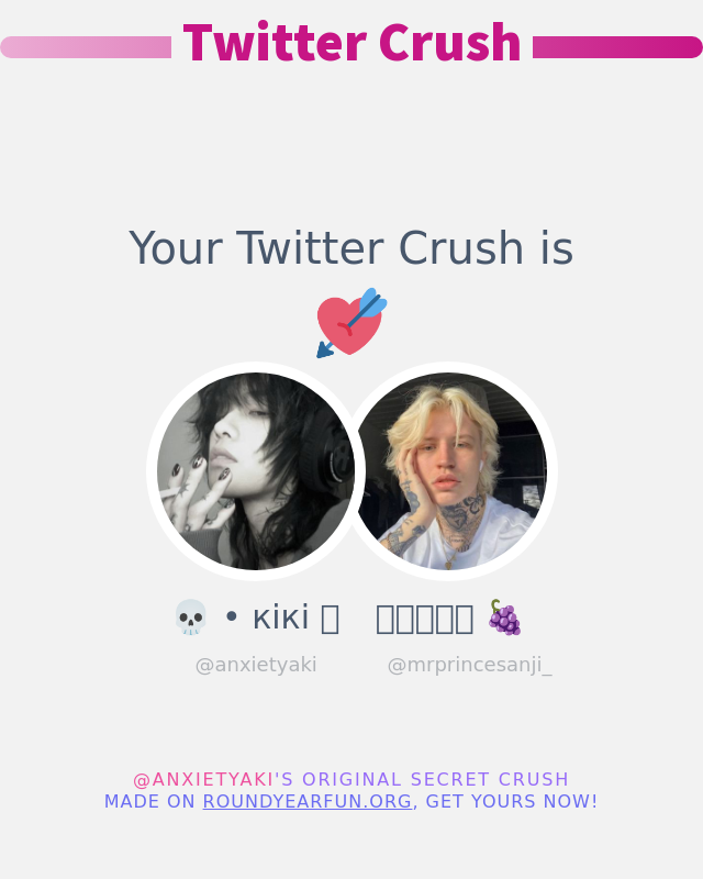 Meu/Minha Namorado/a do Twitter é: <a href="/mrprincesanji_/">𝑺𝒂𝒏𝒋𝒊 🍇</a>

➡️ funxgames.me/twittercrush?l…