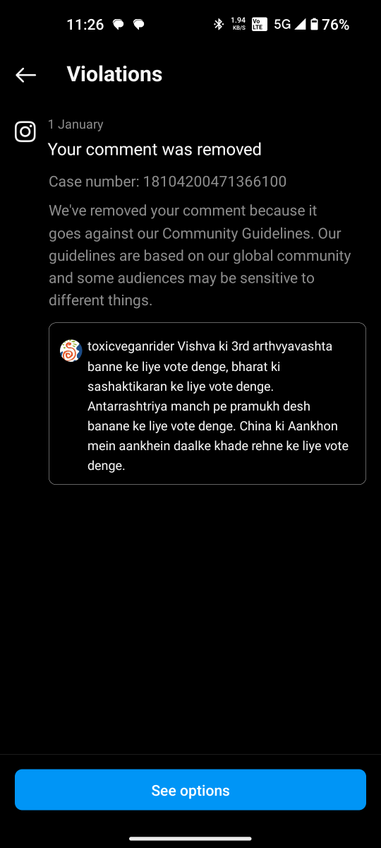 Rohirrimp's tweet photo. @Meta @instagram @BJP4India  what is the problem in these comments? Why am I being blocked when racist and hate speech comments are being allowed on Instagram. Pro Modi Government comments are being blocked. Too much hate speech against Modi Ji, BJP, Hinduism and sanatan is ok? https://t.co/3SUIbmAx0Y