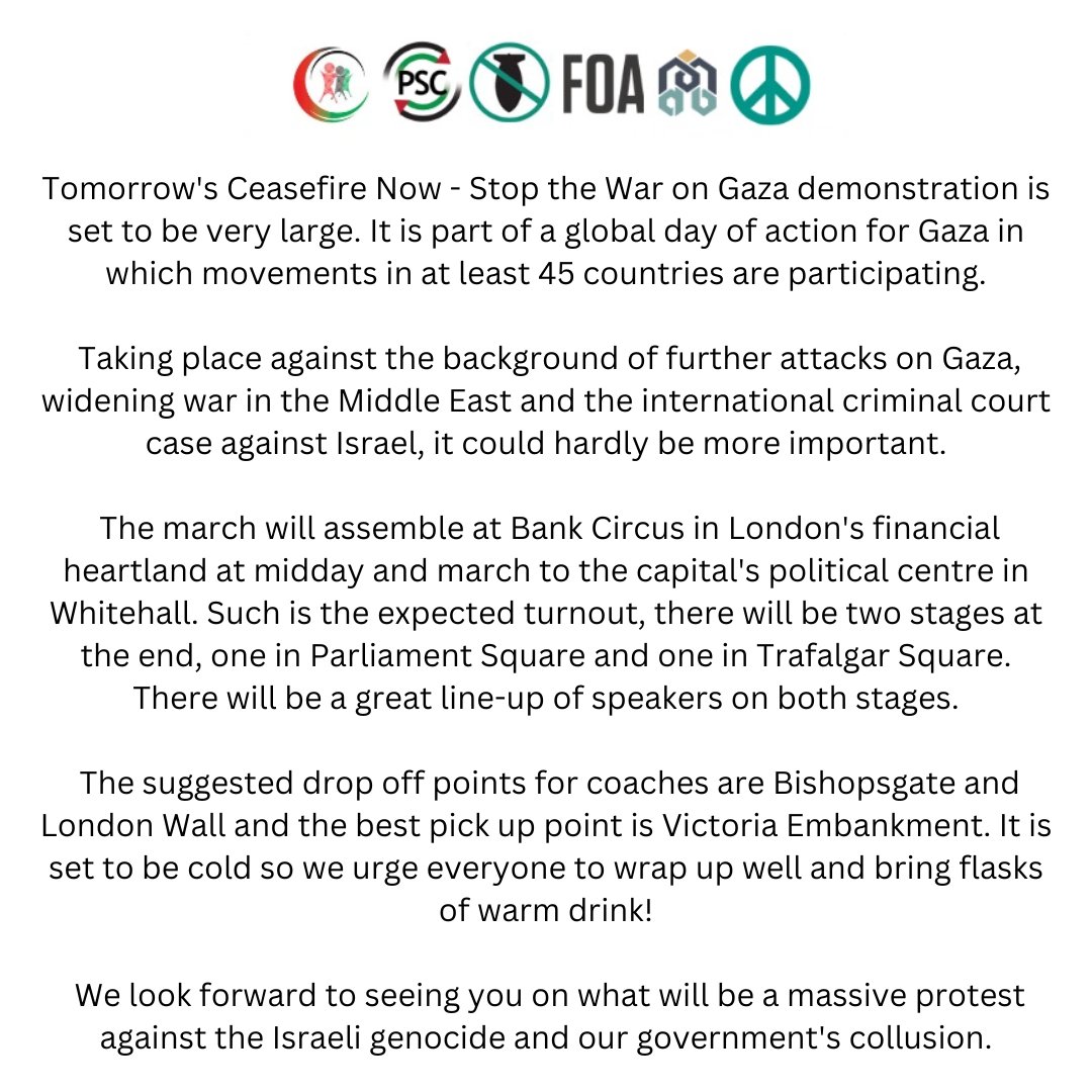 🇵🇸 Today! National March for #Palestine 🇵🇸 ✊ Demand a permanent #CeasefireNow, an end to Israeli occupation and say no to the bombing of #Yemen! 🫂 Assemble at Bank Junction, EC3V 3LA at 12pm on 13 Jan. Info: stopwar.org.uk/events/%f0%9f%… #StopBombingGaza #StopBombingYemen…
