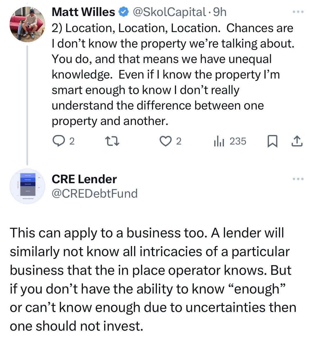 CREDebtFund's tweet photo. @SkolCapital raised some good questions on the “why” of real estate lending - especially subordinated lending. Here is an attempt to respond. Always good to think about the basics. Thanks for your questions!  On #1 below, I will learn to type “humble” soon! 5 and 6 follow. https://t.co/YPQE3C19Eg
