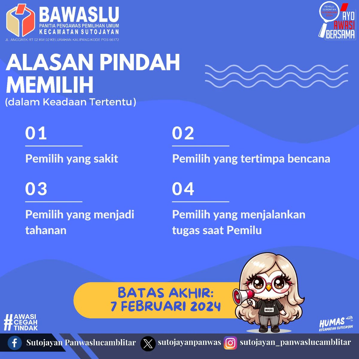 sutojayanpanwas's tweet photo. Ayo segera urus pindah memilih agar dapat memilih dalam Pemilu bulan depan ❤‍🔥
#panwaslukecamatansutojayan
#bawaslukabupatenblitar
#ayoawasibersama
#pemilu2024
#kampanyepemilu2024
#jarimuawasipemilu https://t.co/i2pbM0odzC