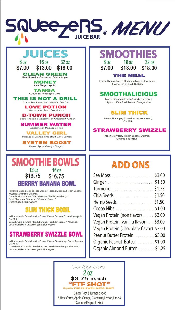 Good day everyone !!! 🍍🍉🍇🥝🍏🍎

Are you excited about the soft opening like we are? We are so looking forward to serving you.  Attached is our menu for the soft opening, and we will slowly be introducing new items as weeks wear on. <a href="/SqueezersCo/">SQUeeZeRS_ Juice_Bar</a>