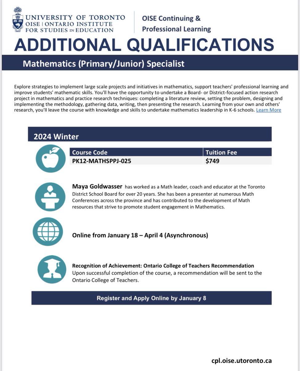 The weather outside is frightful but doing an asynchronous Math AQ from the comfort of your own home is so delightful. Last chance to join <a href="/OISE_CPL/">OISE CPL</a> P/J Math Part 2 or Math specialists courses beginning this Thursday Jan 18! Boards are still subsidizing. Don’t miss your chance!
