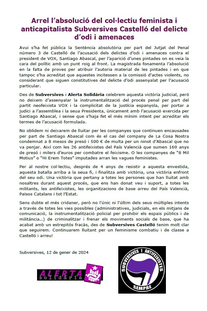 QUERELLA'M ESTA ABASCAL 🖕🏼

El jutjat penal número 3 de Castelló absol a Subversives de l'acusació de delicte d'odi i amenaces contra Santiago Abascal, després de la querella criminal interposada pel mateix president de VOX. 

Obrim fil 🧵