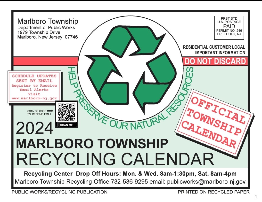 The recycling calendar is here! Posted on website and will be mailed to your home soon. All you need to know about curbside collections.  marlboro-nj.gov