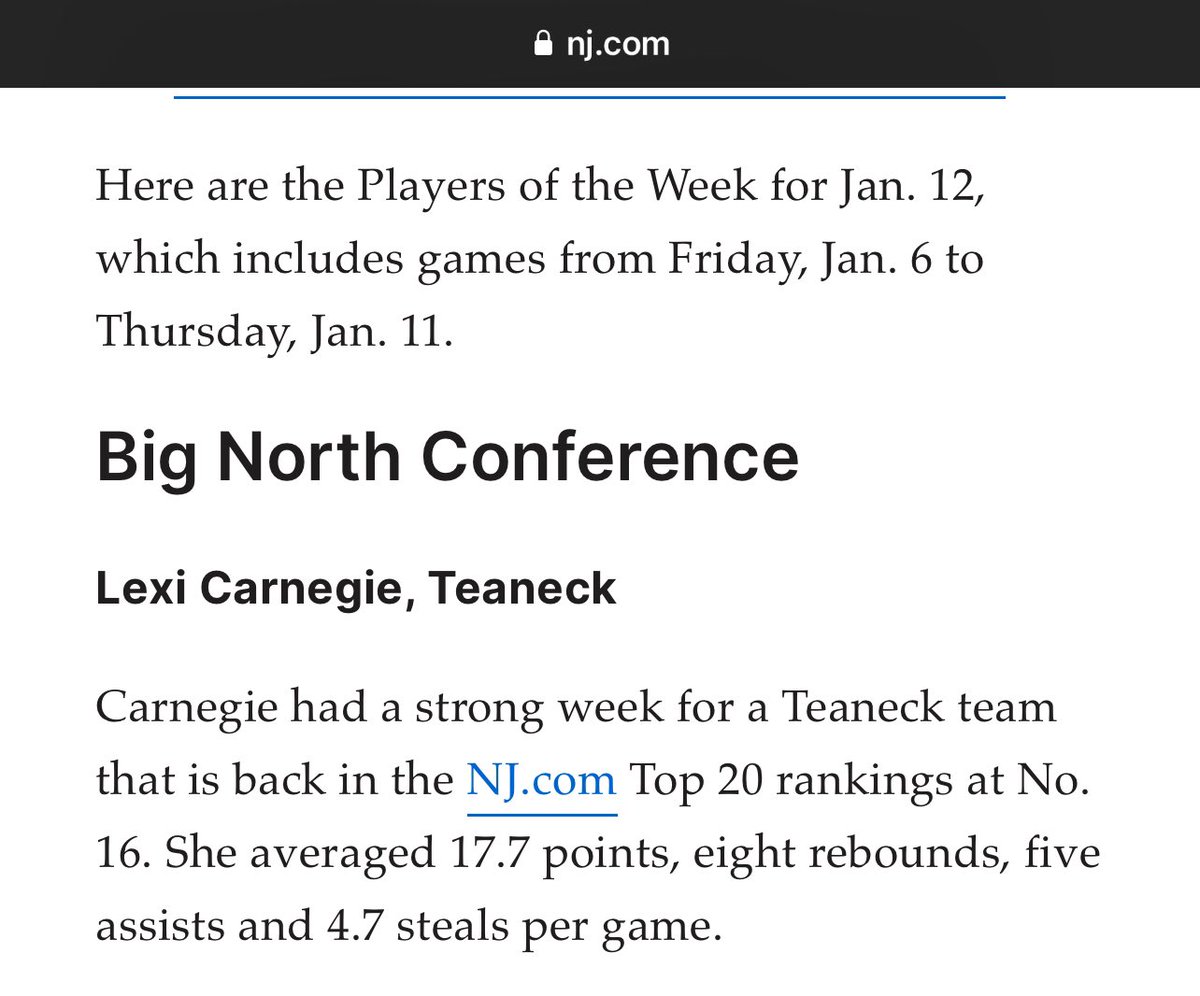 Teaneck HS WBB (@teaneckhswbb) on Twitter photo Congratulations to <a href="/lexicarnegie08/">Lexi Carnegie</a> for being named one of the Big North’s Conference Player of the Week!!!
Keep working!!! 👏🏾👏🏾👏🏾, #highwaywomenbasketball <a href="/ByLuisTorres/">Luis Torres</a> <a href="/laurenknego/">Lauren Knego</a> <a href="/HSSportsNJ/">NJ.com HS Sports</a> Congratulations to <a href="/lexicarnegie08/">Lexi Carnegie</a> for being named one of the Big North’s Conference Player of the Week!!!
Keep working!!! 👏🏾👏🏾👏🏾, #highwaywomenbasketball <a href="/ByLuisTorres/">Luis Torres</a> <a href="/laurenknego/">Lauren Knego</a> <a href="/HSSportsNJ/">NJ.com HS Sports</a>