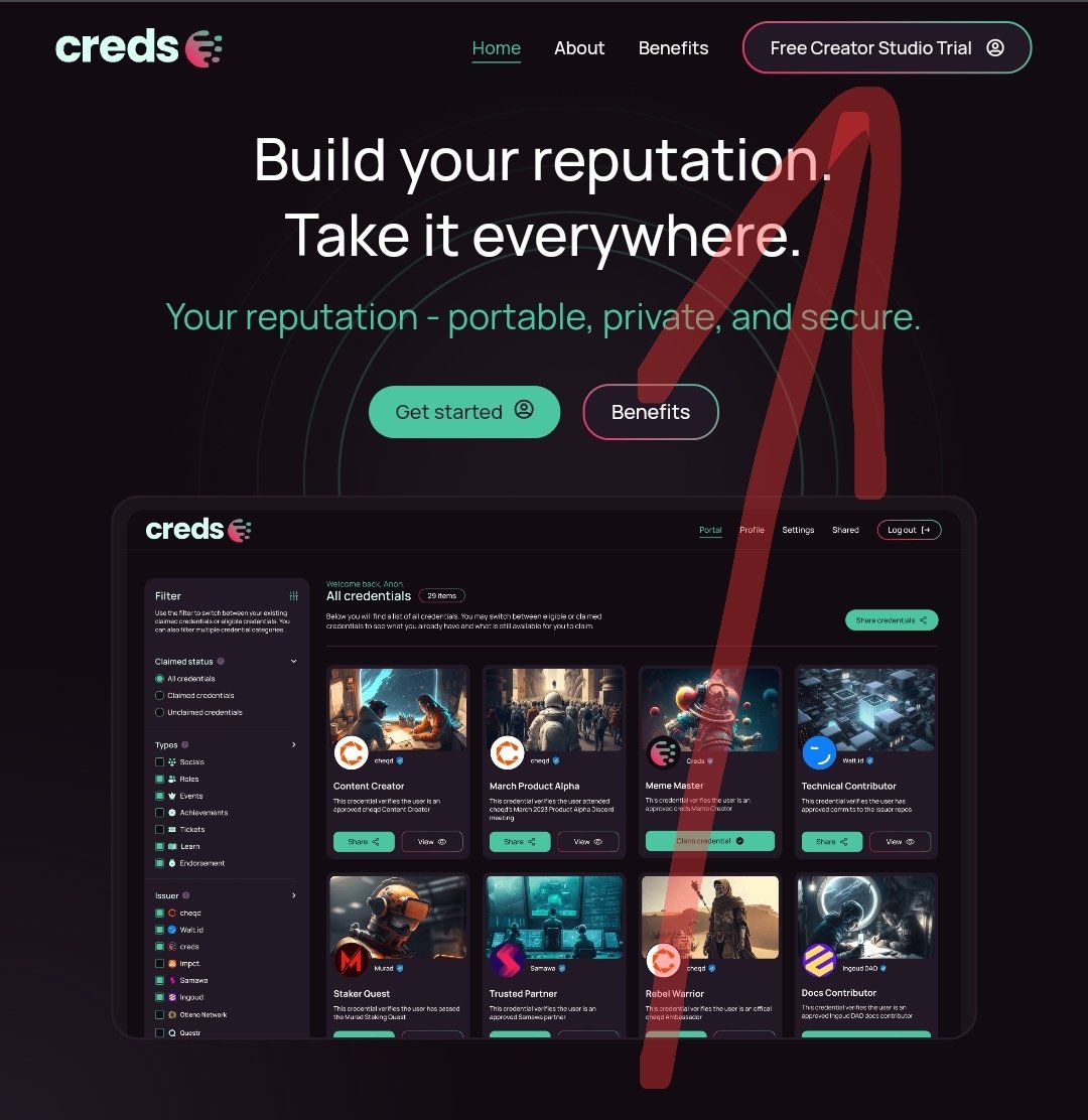 bigbagz30k's tweet image. Have you signed up to @Creds_xyz yet?

Tou can also start a free trial as a #creator, in the creator studio.

Begin issuing your community #credentials.

Nice to see a new creator on the list, #INATBA.

$Cheq @cheqd_io 

app.creds.xyz/home