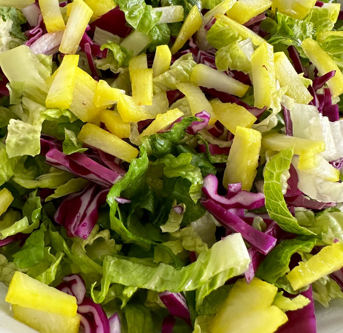 free_style_chef's tweet photo. Ok now - how gorgeous is this salad base? 💚💜💛
Romaine lettuce, purple cabbage, & pickled daikon.
What else should I put on top of this colorful bed?
#salad #romaine #lettuce #purplecabbage #cabbage #daikon #danmuji #pickles #colorful #vegetables #VeggieTales #vegetarian https://t.co/tdZ7k0hOLq