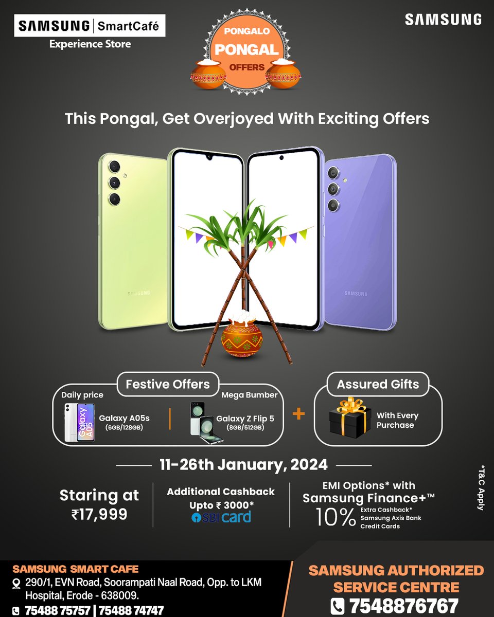 Harvest happiness this Pongal with Samsung Mobile! 🌾✨ 
Reap the rewards of our exclusive Pongal offer on the latest smartphones. 
Elevate your festivities with cutting-edge technology at unbeatable prices. 📱🎉 

#SamsungPongalOffer #TechHarvest #CelebrateWithSamsung