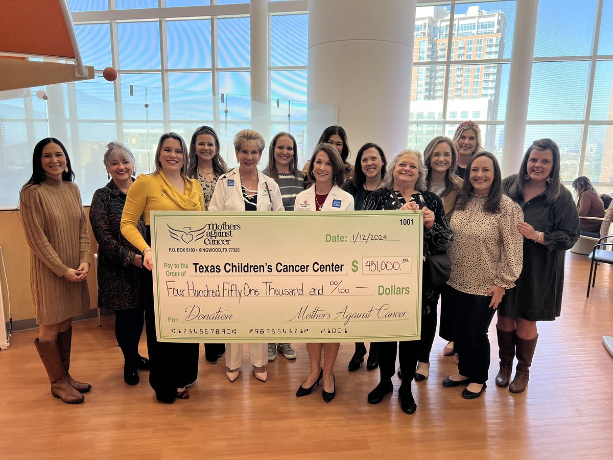 M_AgainstCancer's tweet photo. MAC donated a check today for $451,000 to Texas Children’s Cancer Center. MAC members were at the check presentation w/ Texas Children’s Dr. Dreyer, Dr. Blaney, &amp; Lisa McCoy. 

We look forward to seeing you in 2024 to continue the fight against pediatric cancer!💛 #TexasChildrens https://t.co/JRsNqya87M