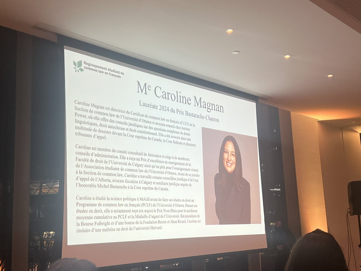 JuristesPower's tweet photo. Quelle belle reconnaissance pour notre collègue et amie @CarolineHMagnan récipiendaire du prix Bastarache-Charron remis lors du souper  français 2024. Un bel honneur pour notre équipe de pouvoir travailler avec une juristes exceptionnelle comme Caroline! Bravo https://t.co/h97TsogYdD