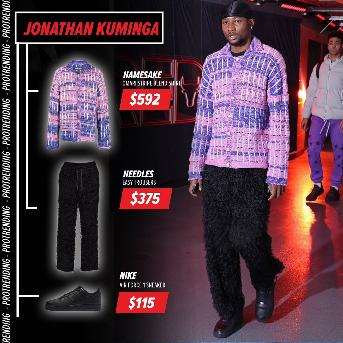Protrending's tweet image. #JonathanKuminga pulling up to the #UnitedCenter Friday night styling in a #Namesake Omari stripe blend shirt, paired with #Needles easy trousers, and #Nike AF1 sneakers. #protrending #stylelikeapro
(📸 @warriors)